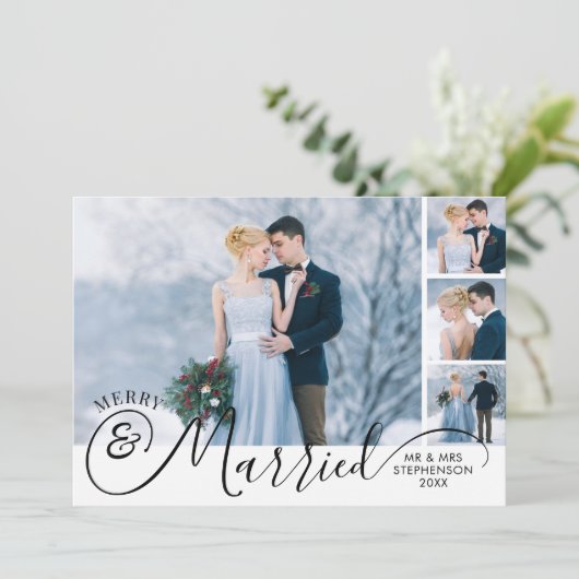 Pasgetrouwd 5 Foto Merry en Getrouwd Uw Groet Feestdagenkaart (Staand voorkant)