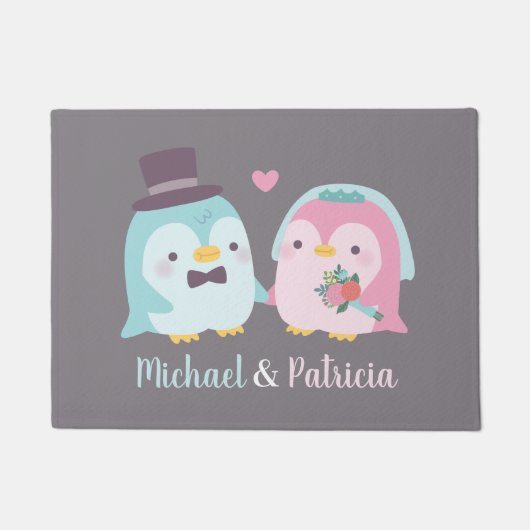 Pasgetrouwd Cute Pinguïn Bruidegom en Bruid Deurmat (Voorkant)