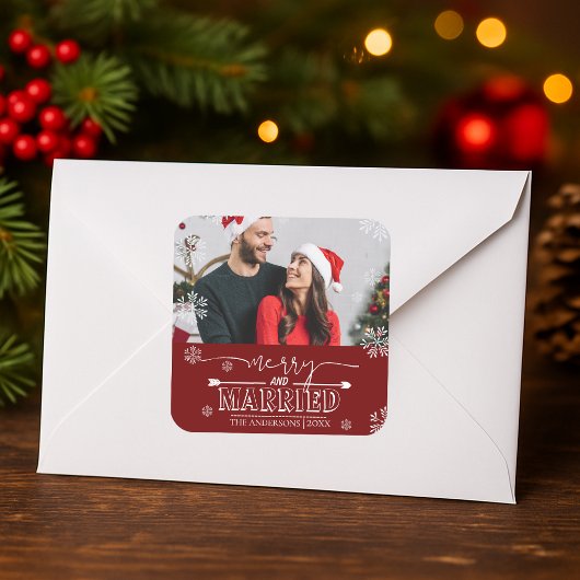 Pasgetrouwd Kerstmis Rood Merry & Married Foto Vierkante Sticker