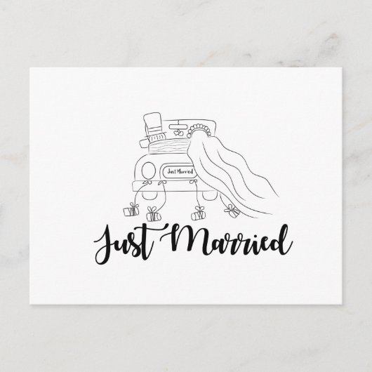 Pasgetrouwd koppel in auto omlijning handgetekend aankondigingskaart (Voorkant)