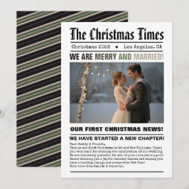 Pasgetrouwd Onze Eerste Kerst Krant Stijl Foto Feestdagenkaart