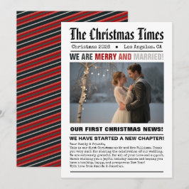 Pasgetrouwd Onze Eerste Kerst Krant Stijl Foto Feestdagenkaart