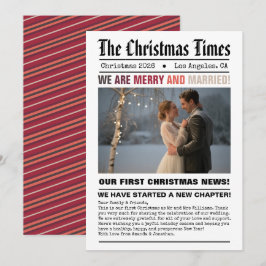 Pasgetrouwd Onze Eerste Kerst Krant Stijl Foto Feestdagenkaart