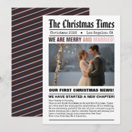 Pasgetrouwd Onze Eerste Kerst Krant Stijl Foto Feestdagenkaart
