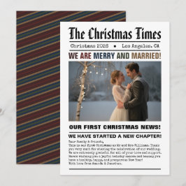 Pasgetrouwd Onze Eerste Kerst Krant Stijl Foto Feestdagenkaart