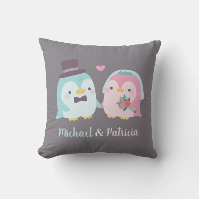 Pasgetrouwd Pinguïn Bruidegom en Bruid Liefdesvoge Kussen (Voorkant)