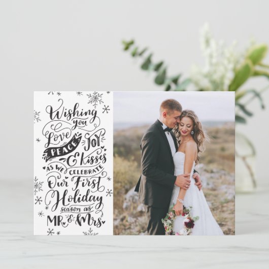 Pasgetrouwd Vakantie Handgetekend | Zwart Wit | Fo Feestdagenkaart (Staand voorkant)