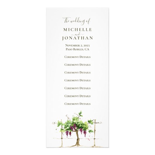 Paso Robles Vineyard Wedding Ceremony Program Reclamekaart (Voorkant)