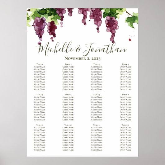 Paso Robles Vineyard Winery Wedding Seating Chart Poster (Voorkant)