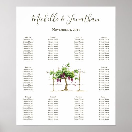 Paso Robles Vineyard Winery Wedding Seating Chart Poster (Voorkant)