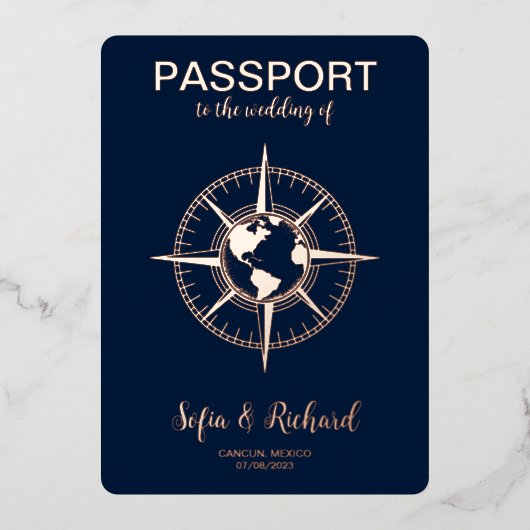 Paspoort Bestemming Bruiloft Gouden Folie Wereldka Folie Uitnodiging (Voorkant)