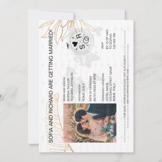 Paspoort Bestemming Bruiloft Palm Kompas Monogram Kaart (Achterkant)