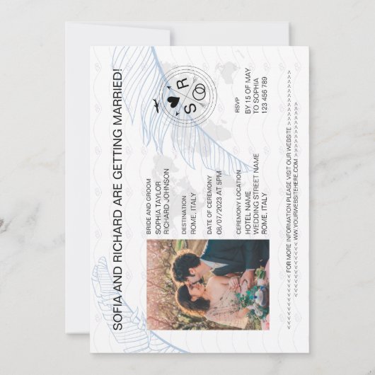 Paspoort Bestemming Bruiloft Palm Kompas Monogram Kaart (Achterkant)