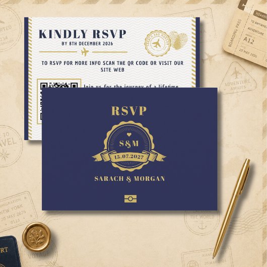 Paspoort Bestemming Trouwdag Monogram QR-Code RSVP Kaartje
