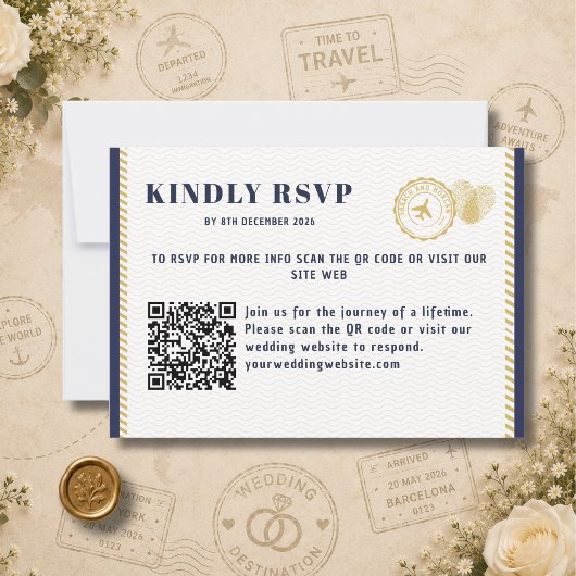 Paspoort Bestemming Trouwdag Monogram QR-Code RSVP Kaartje