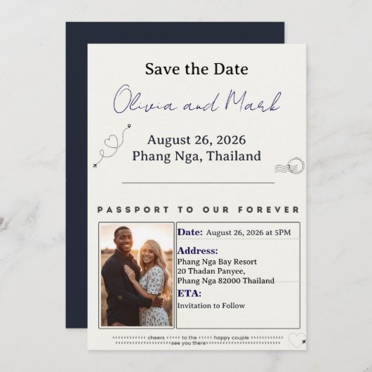 Paspoort Bewaar de datum - Navy & Gold | Bestemmin Kaart (Voorkant / Achterkant)