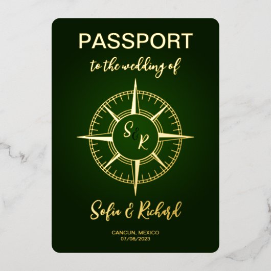 Paspoort Bruiloft Bestemming Goud Kompas Monogram Folie Uitnodiging (Voorkant)