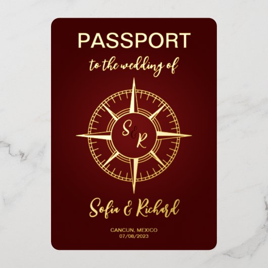 Paspoort Bruiloft Bestemming Goud Kompas Monogram Folie Uitnodiging (Voorkant)