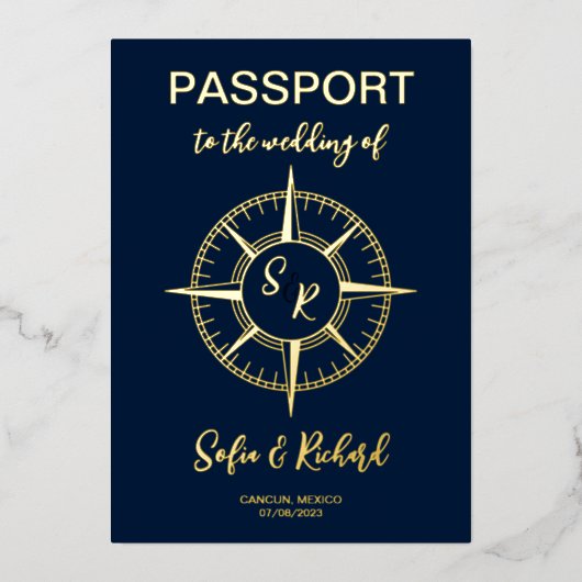 Paspoort Bruiloft Bestemming Gouden Folie Kompas Folie Uitnodiging (Voorkant)