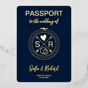 Paspoort Bruiloft Bestemming Gouden Folie QR Code Uitnodiging