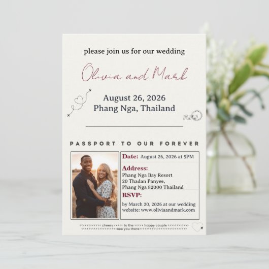 Paspoort bruiloft uitnodiging – Bourgogne & Champa (Staand voorkant)