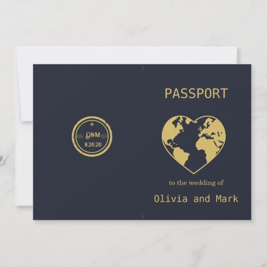 Paspoort bruiloft uitnodiging - Navy & Gold Travel (Achterkant)