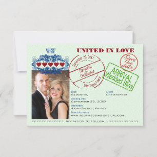 Paspoort naar lieflijke huwelijksbestemming groen save the date