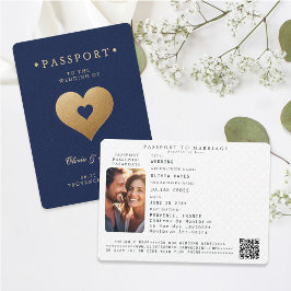 Paspoort Navy Faux Gold Hearts Destination Wedding Kaart