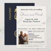 Paspoort RSVP Kaart – Navy & Goud | Bestemming (Voorkant / Achterkant)