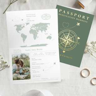 Paspoort Sage Gold Wedding Bewaar de datum Folie Feestdagenkaart