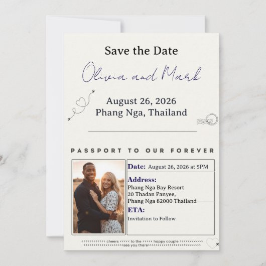 Paspoort Save the Date - Navy & Goud | Bestemming Kaart (Voorkant)
