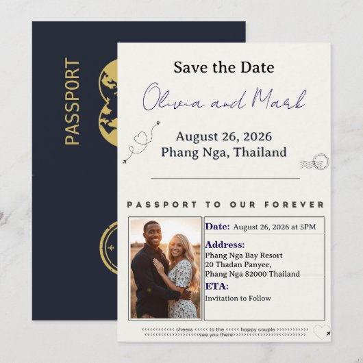 Paspoort Save the Date - Navy & Goud | Bestemming Kaart (Voorkant / Achterkant)