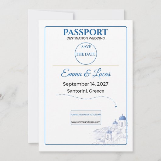Paspoort Save the Date Santorini Bruiloft (Voorkant)