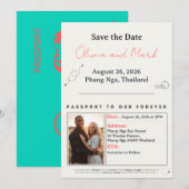 Paspoort Save the Date – Turkoois & Koraal | Tropi Kaart (Voorkant / Achterkant)