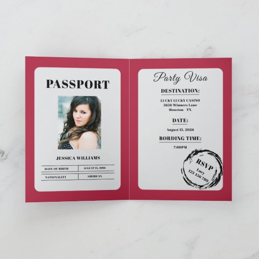 Paspoort stijl roze verjaardagsfeestje kaart (Binnen)