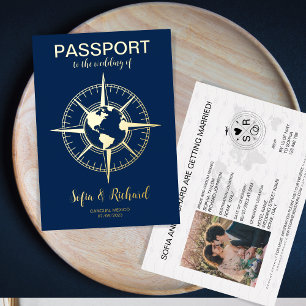 Paspoort Trouwbestemming Kompas Wereldkaart Folie Uitnodiging
