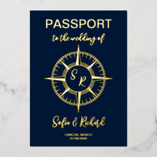Paspoort Trouwlocatie Goud Folie Kompas Uitnodiging
