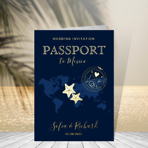 Paspoort Wereldkaart Zeester Strand Bruiloft Folie Wenskaart