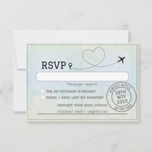 Paspoortbestemming bruiloft RSVP kaartje (Voorkant)