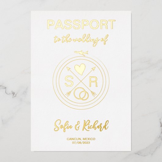 Paspoortbruiloft Bestemming Gold Foil-vliegtuighar Folie Uitnodiging (Voorkant)