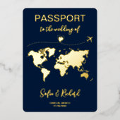 Paspoortbruiloft Bestemming Gold Foil-vliegtuighar Folie Uitnodiging (Voorkant)