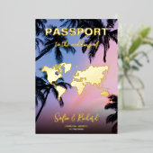 Paspoortbruiloft Bestemming Gold Foil-vliegtuighar Folie Uitnodiging (Staand Voorkant)