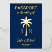 Paspoortbruiloft Bestemming Gold Palm Monogram Folie Uitnodiging (Voorkant)
