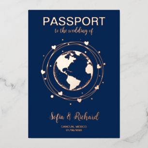 Paspoortbruiloft Bestemmingsgoudolie Wereldkaart Folie Uitnodiging