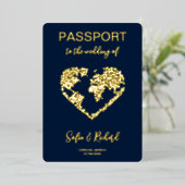 Paspoortbruiloft Bestemmingsgoudolie Wereldkaart Folie Uitnodiging (Staand Voorkant)