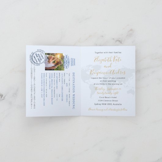 Paspoortbruiloft Uitnodiging Blauwe Goudkaart + Ha (Binnen)