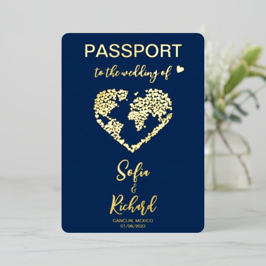 Paspoortbruiloft Wereldkaart QR-code bestemming Folie Uitnodiging (Staand Voorkant)