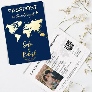 Paspoortbruiloft Wereldkaart QR-code bestemming Folie Uitnodiging