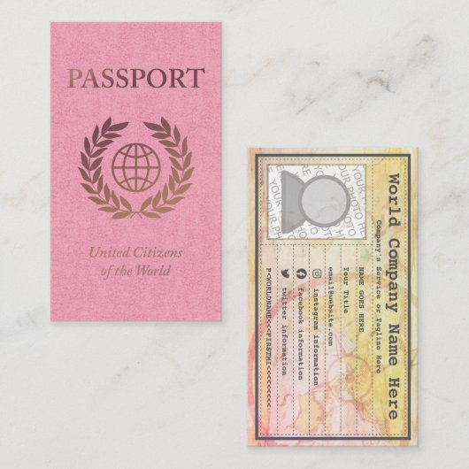 paspoortgoud en roze met links naar sociale media visitekaartje (Voorkant / Achterkant)