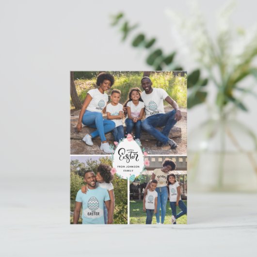 Paspoortnaam 3 Foto-collage Floral Egg Cute Briefkaart (Staand voorkant)